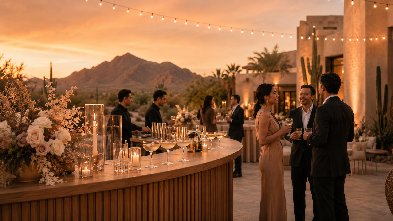 Guests gathered at a curved wooden cocktail bar during a desert sunset wedding reception.