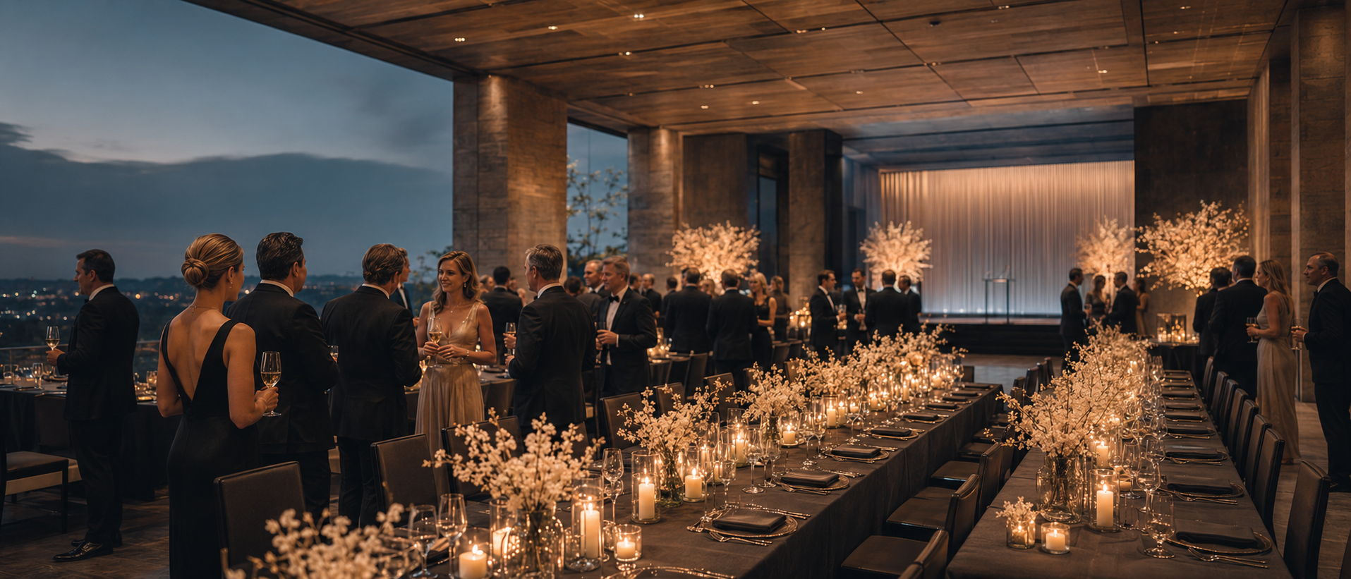 Corporate gala dinner with long candlelit tables, white florals, and city views at dusk.