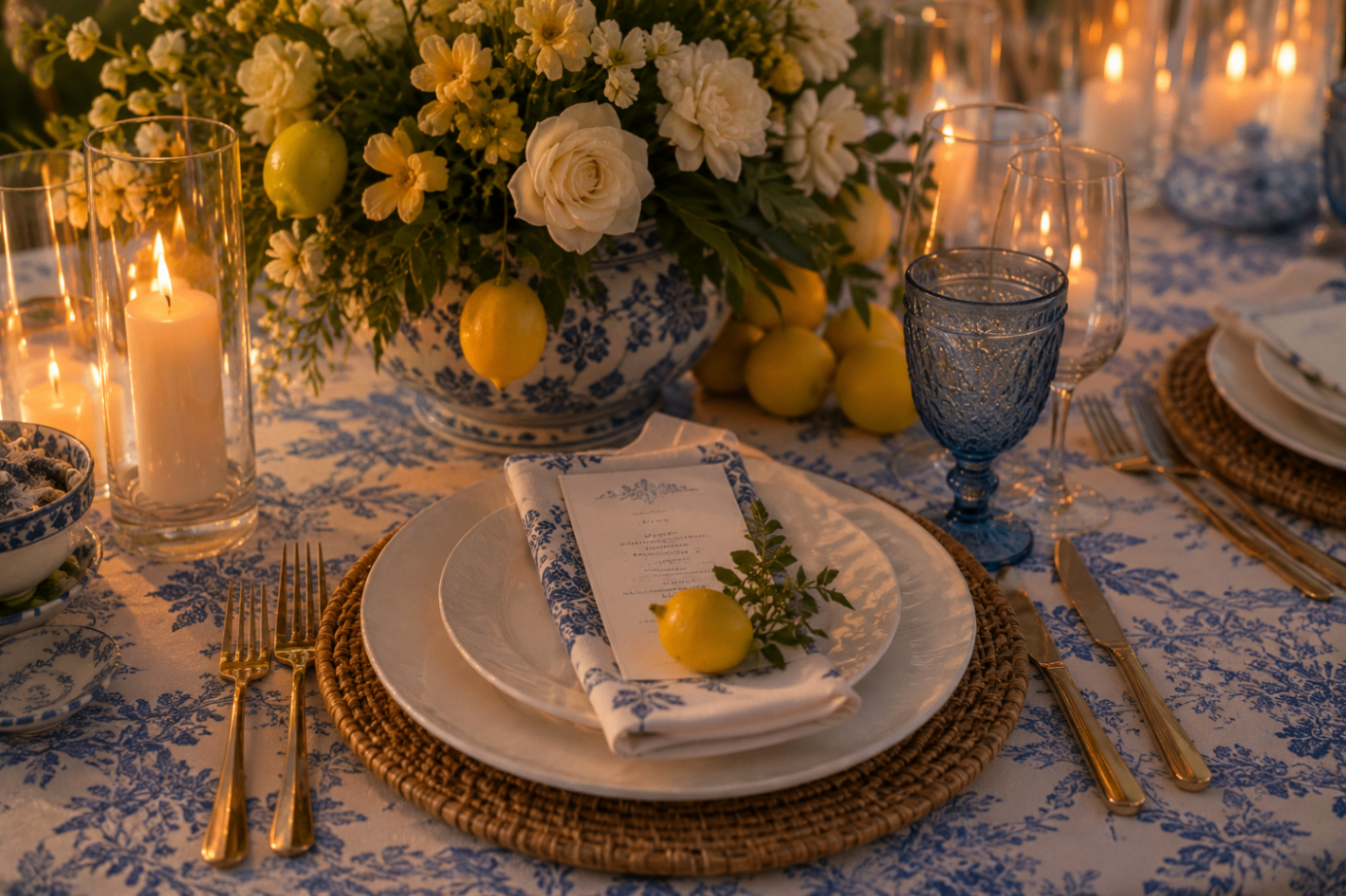 Editorial tablescape details with lemons, candlelight, and blue-and-white linens.