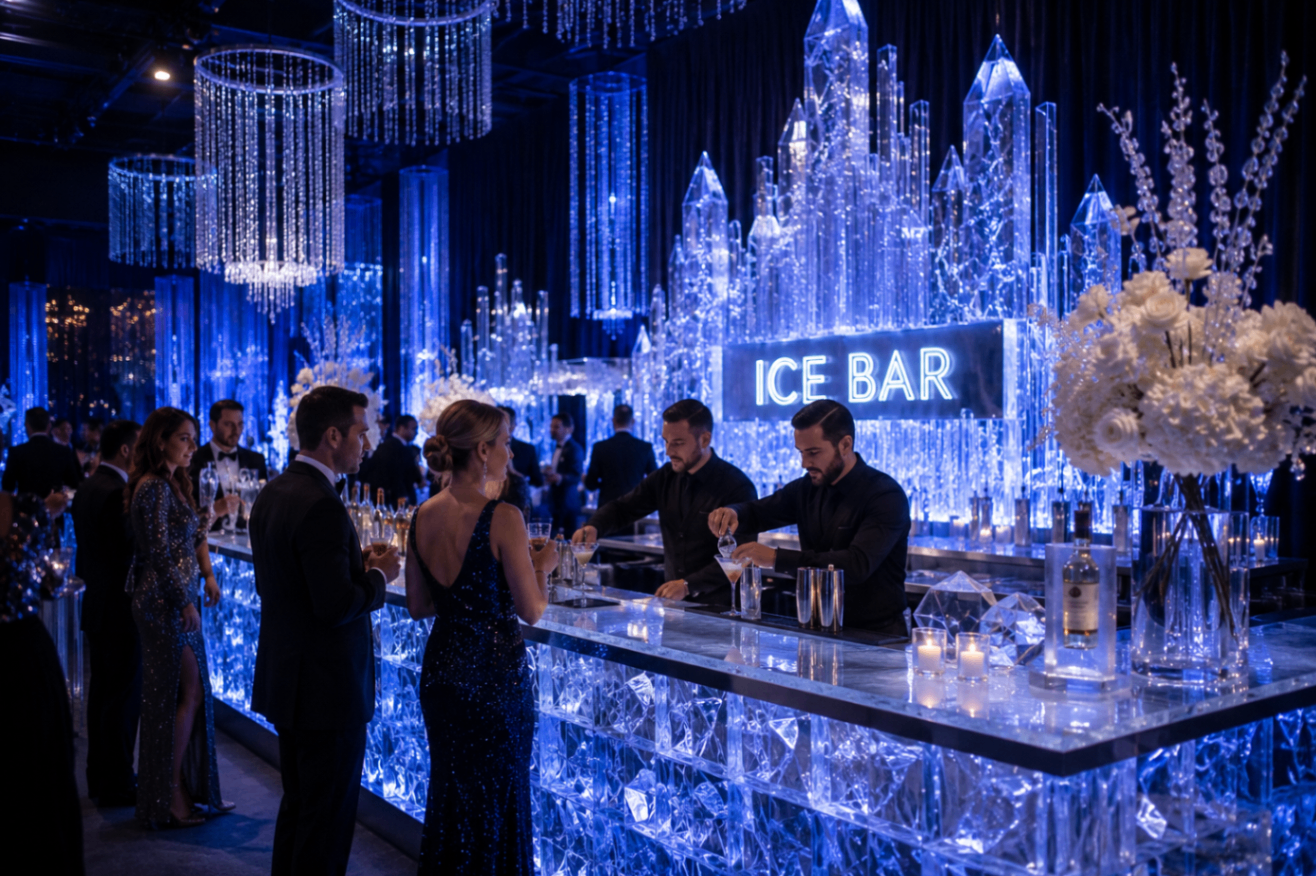 Luxury ice bar activation with crystal-inspired decor and guests in evening attire.