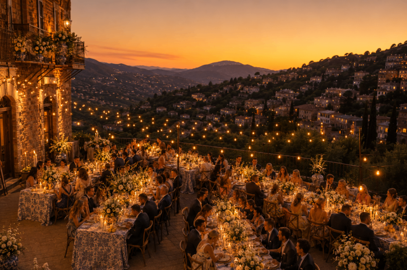 A candlelit destination dinner overlooking a hillside village at sunset.
