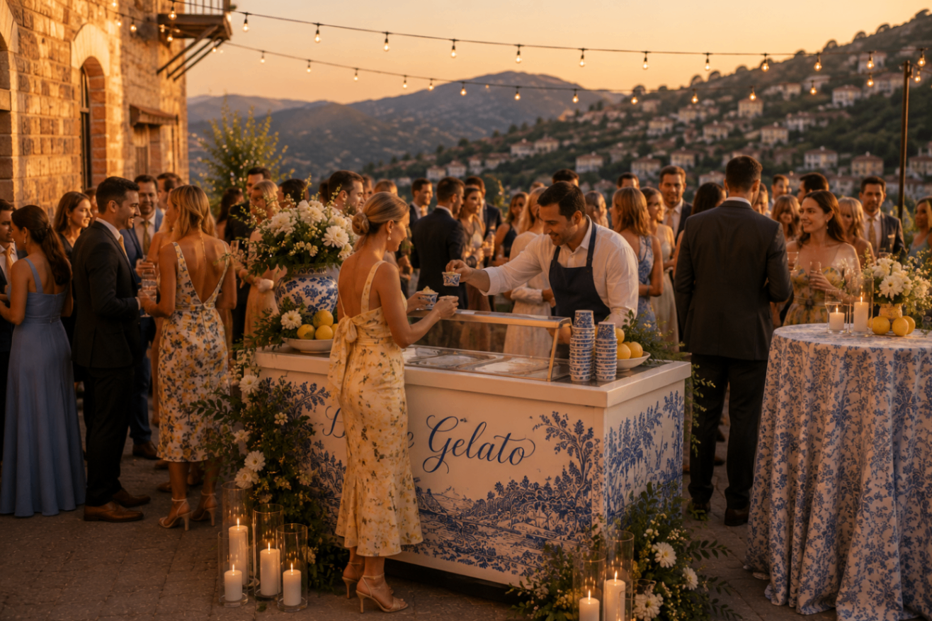 Guests gathering around a custom gelato cart during an elevated outdoor celebration.