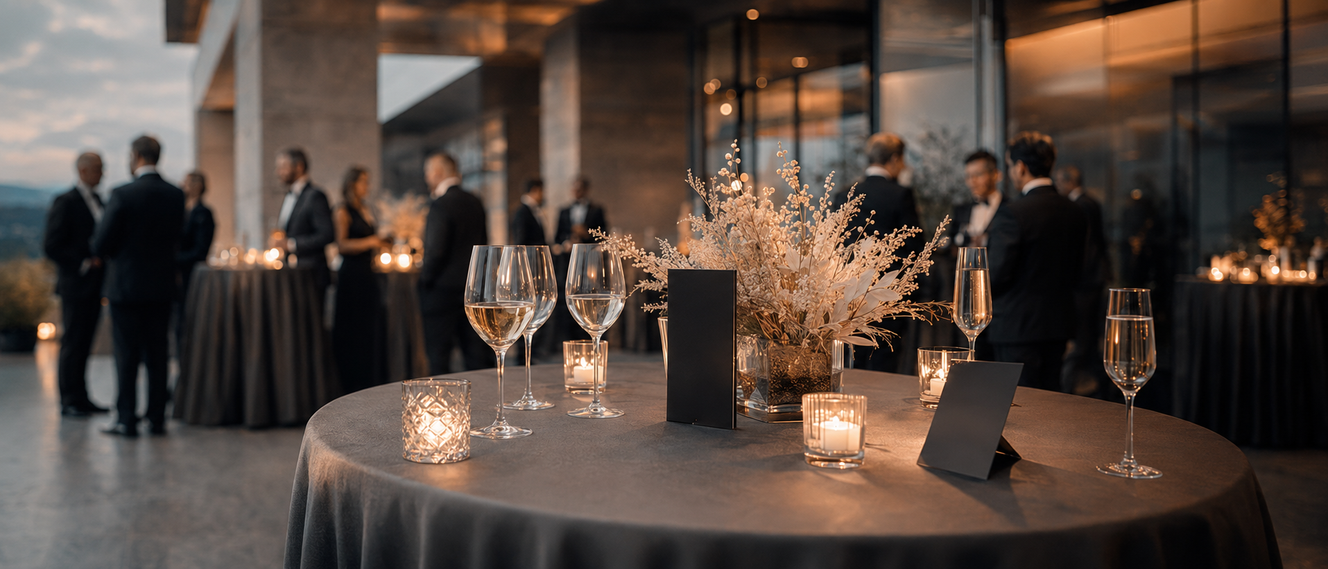 Refined corporate cocktail table with crystal glassware, candles, and dried florals.