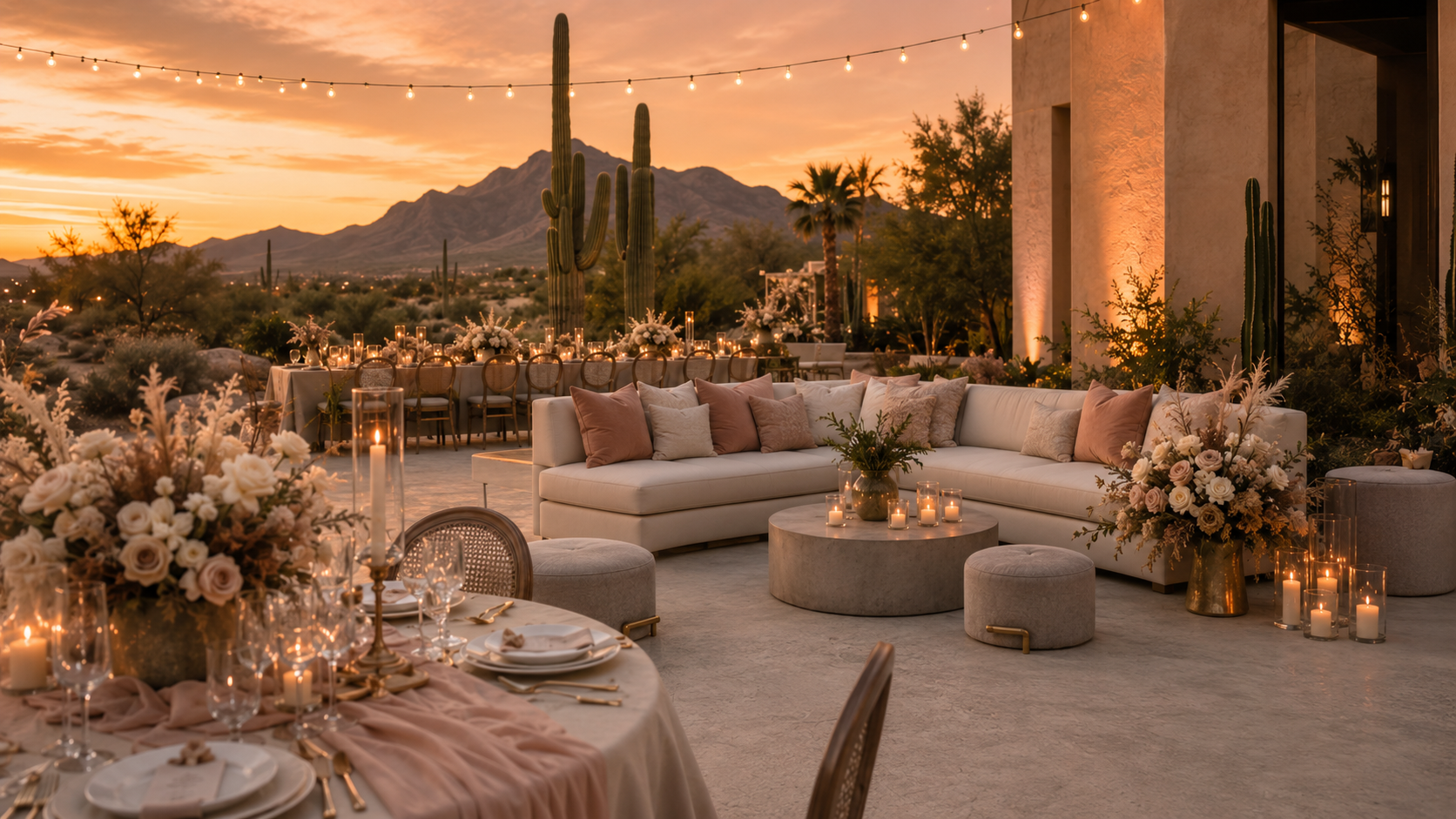 Desert sunset wedding reception with lounge seating, candlelit florals, and saguaro views.