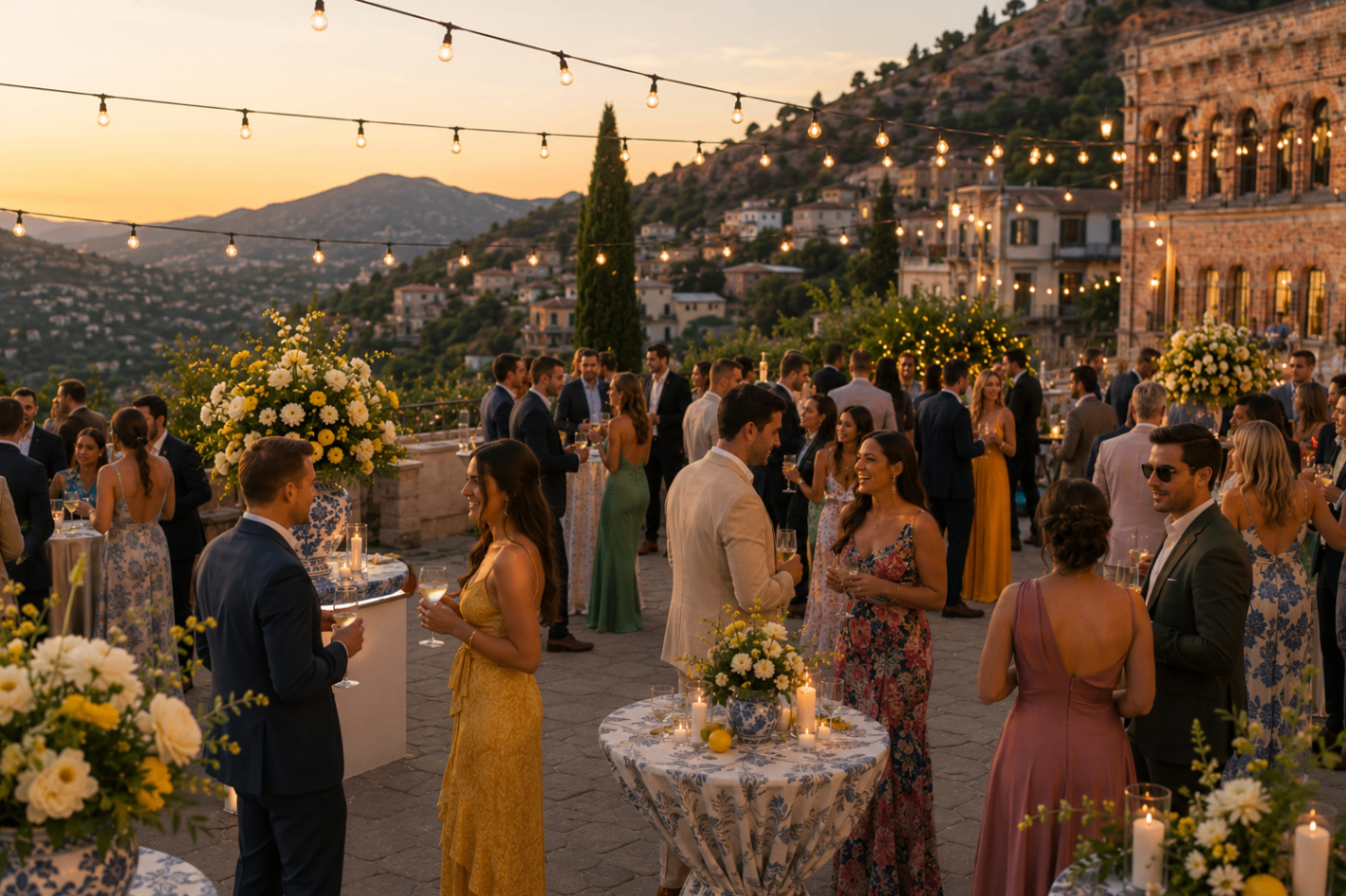 Guests mingling during an elegant destination cocktail hour with mountain views.
