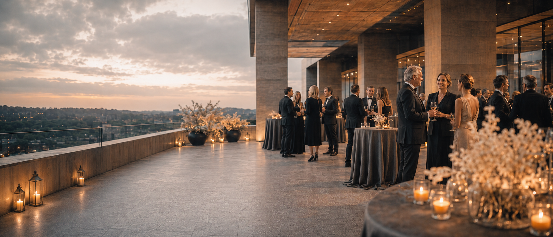 Rooftop corporate reception at sunset with cocktail tables, lanterns, and elegant florals.