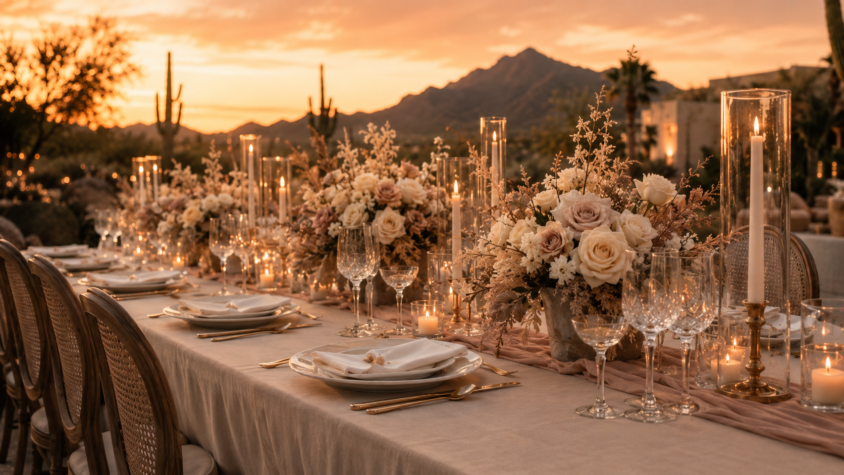 Long candlelit wedding tablescape with mauve and ivory florals against an Arizona sunset.